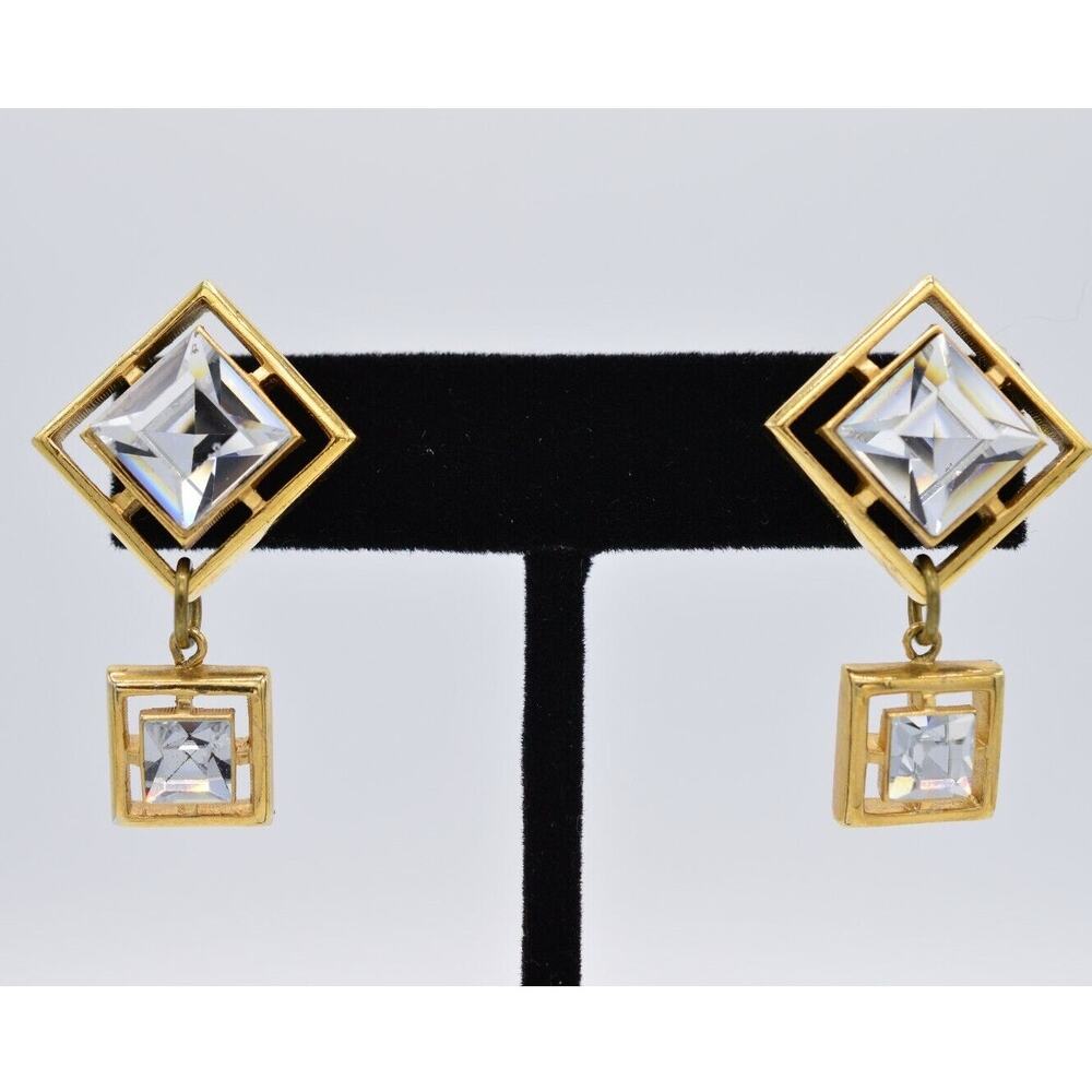 Vintage Crystal Earrings Sparkling Square Dangle Gold Square Shiny 1980s 9F